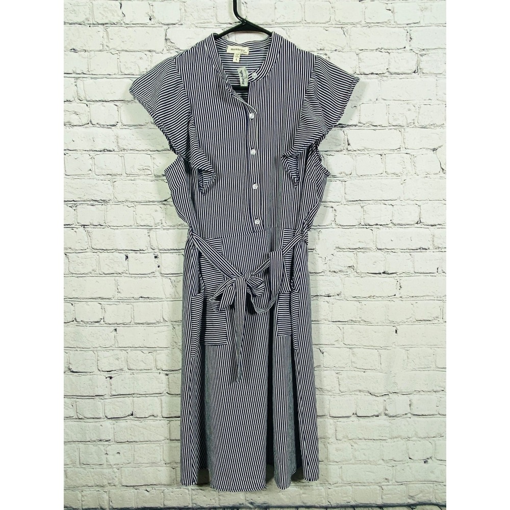 Monteau Dress Women Large Striped Ruffle Sleeve Midi Blue White New Pockets Belt